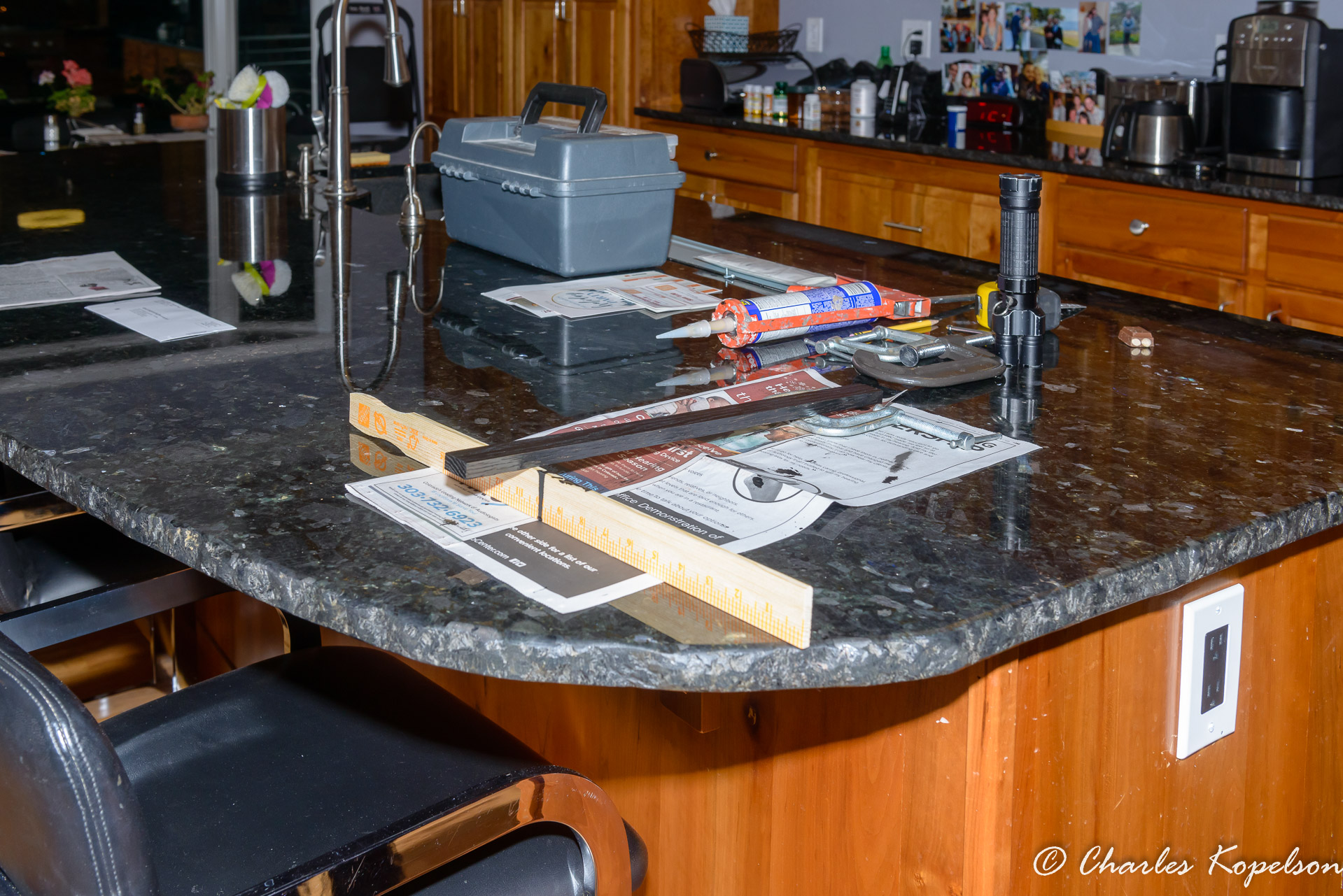 I cut an oak strip on the table saw to use as a 'nailer'. This will give me a surface to screw the dishwasher bracket  into because you can't screw into granite.  I painted 2 of the sides black so it doesn't stand out.