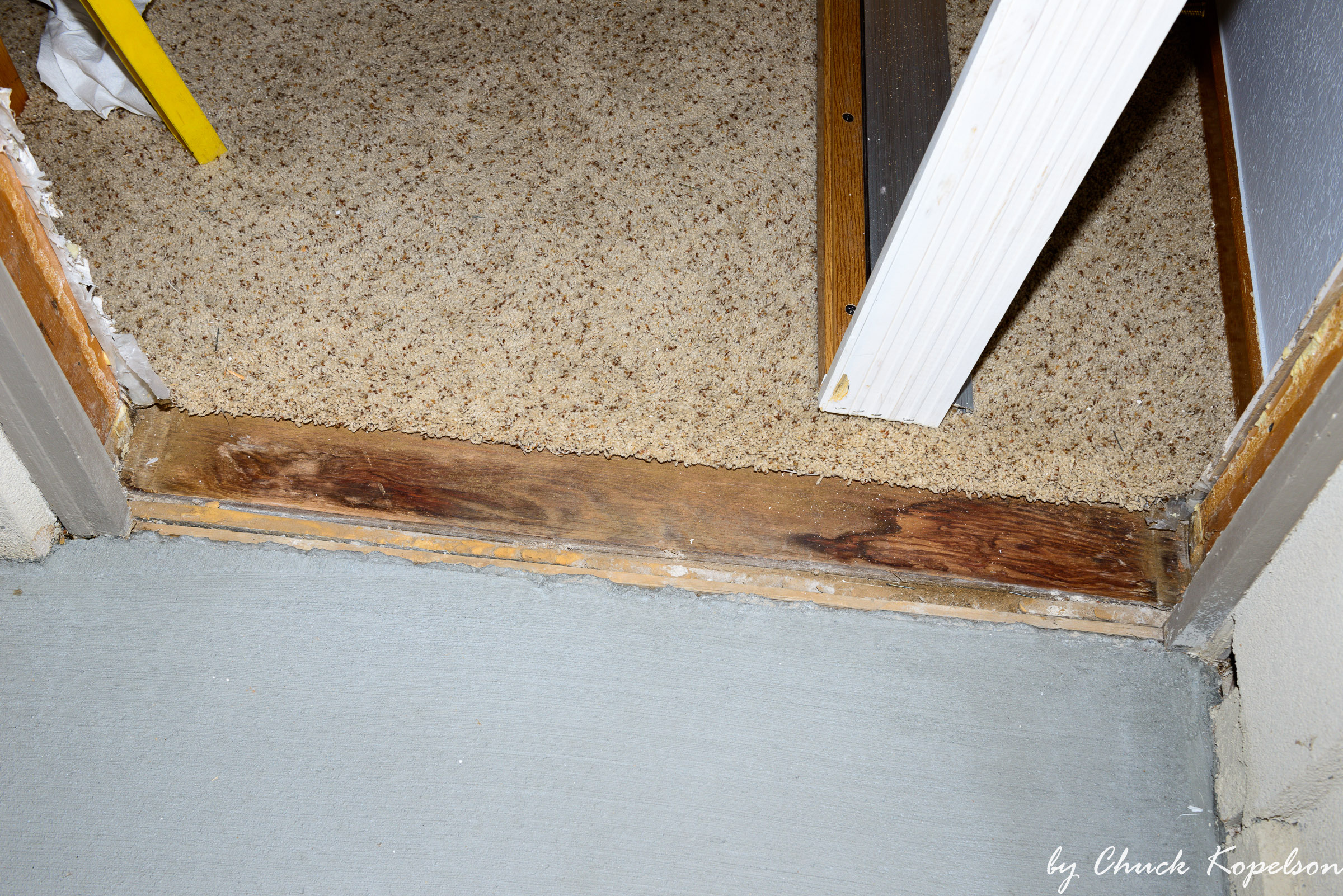 The plywood decking of the room has seen some water over the years.